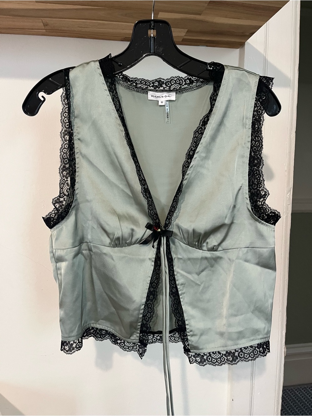 Sage Green Satin Vest Top with Black Lace Trim